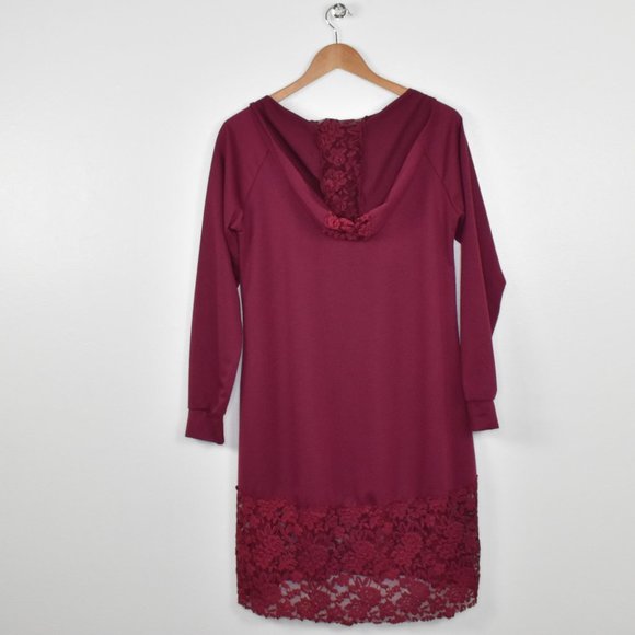 Womens Whimsigoth Hooded Lace Hem Long Sleeve Tunic Top Size M Burgundy Coquette - Picture 12 of 13